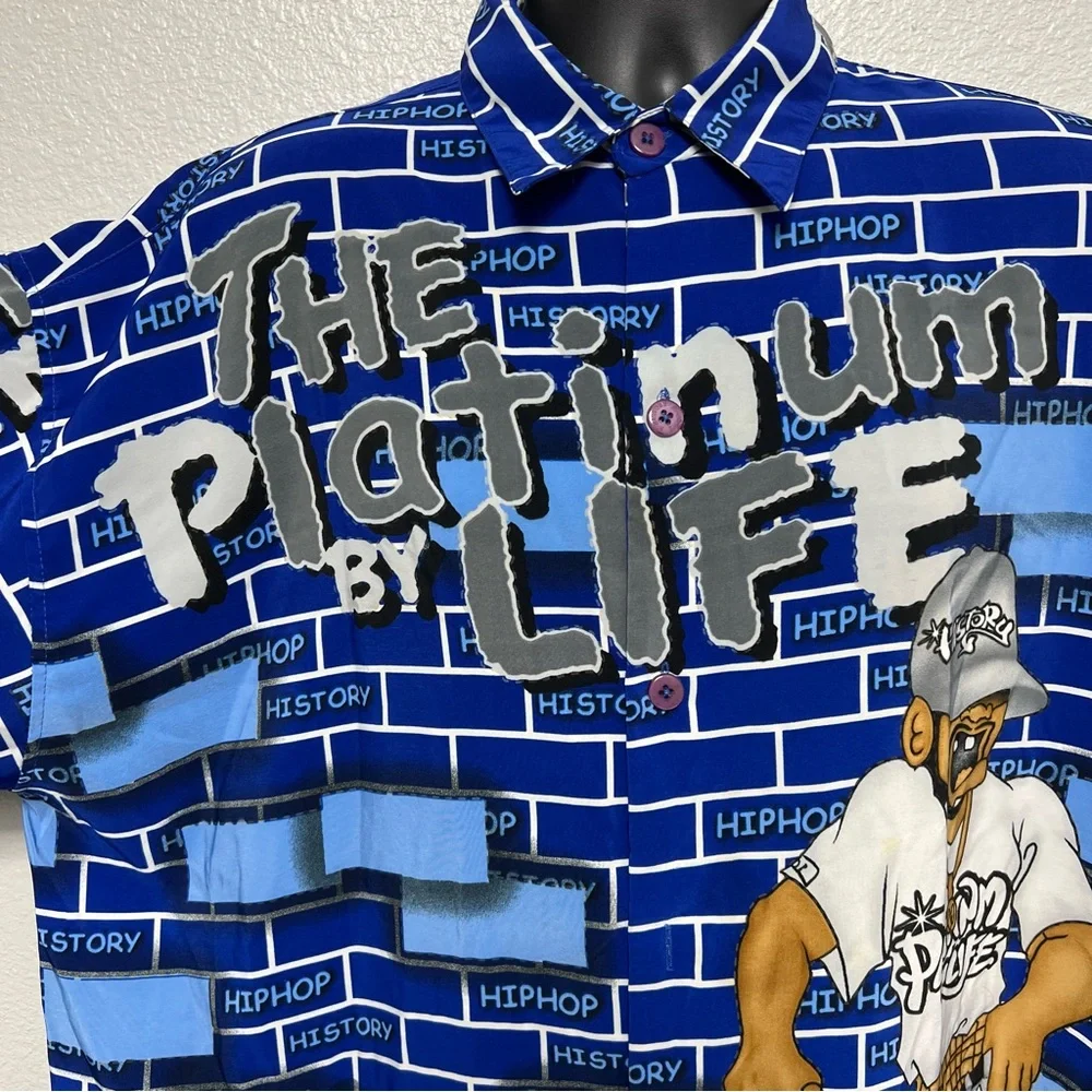 HipHop History Men’s L Graphic Button Shirt Blue Street Art‎ The Platinum Life - Picture 3 of 9